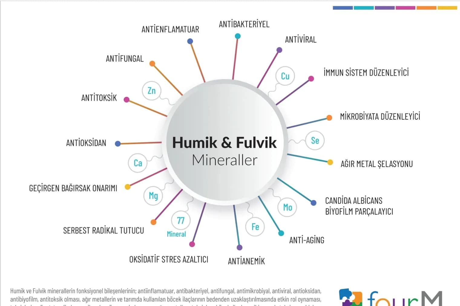 Humik ve fulvik minerallerin bileşenlerini gösteren renkli bir bilgi grafiği